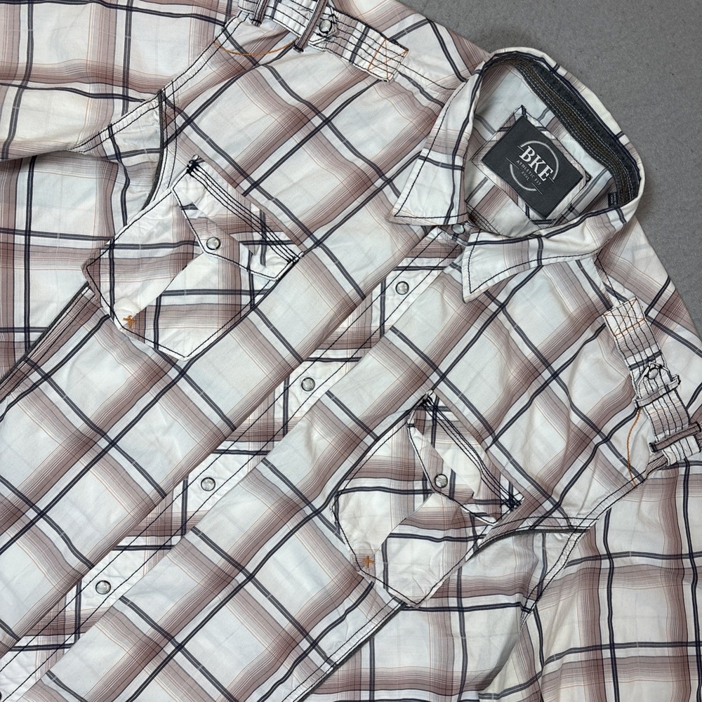 BKE Shirt Mens 3XL White/Gray Plaid SS Western Snap Button Up‎ Casual